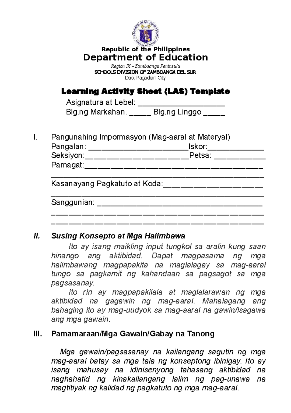 Las Template Filipino Version Republic Of The Philippines Department Of Education Region Ix 0565