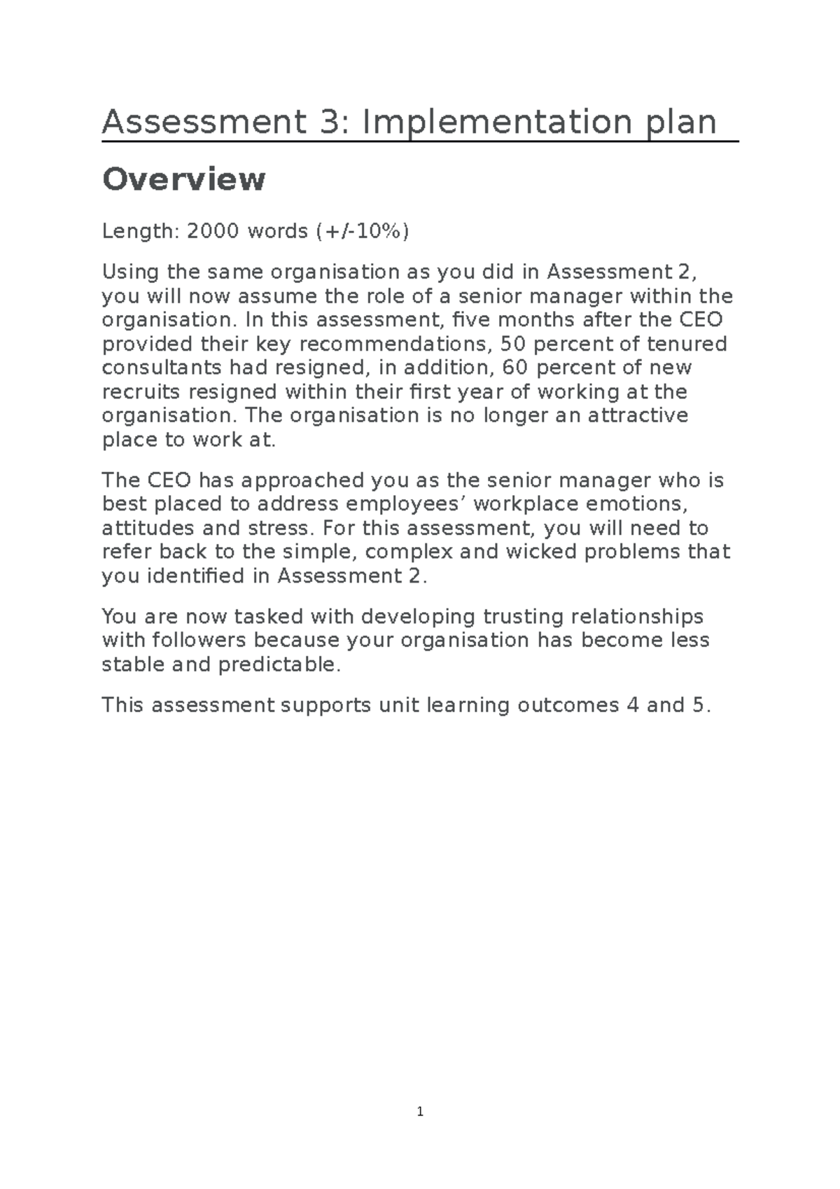 Assessment 3 BMO7000 AOB - Assessment 3: Implementation plan Overview ...