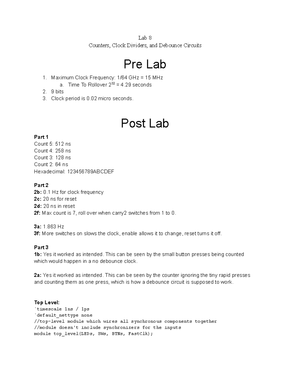 Ecen 248 Lab 8 Lab 8 Lab Report Lab 8 Counters Clock Dividers And Debounce Circuits Pre