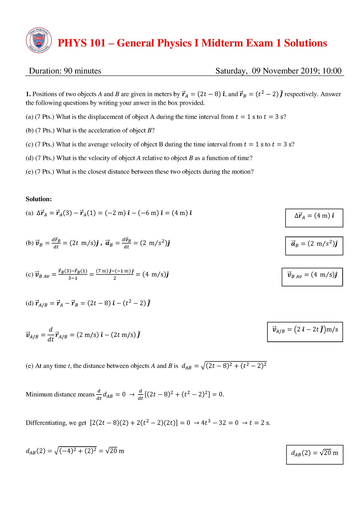 P101 2019-20-1 1M Sol - PHYS 101 – General Physics I Midterm Exam 1 ...