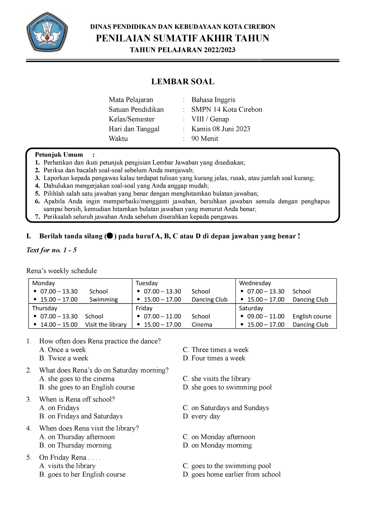 Soal PAT B.ING Kelas 8 K13 - Www - DINAS PENDIDIKAN DAN KEBUDAYAAN KOTA ...