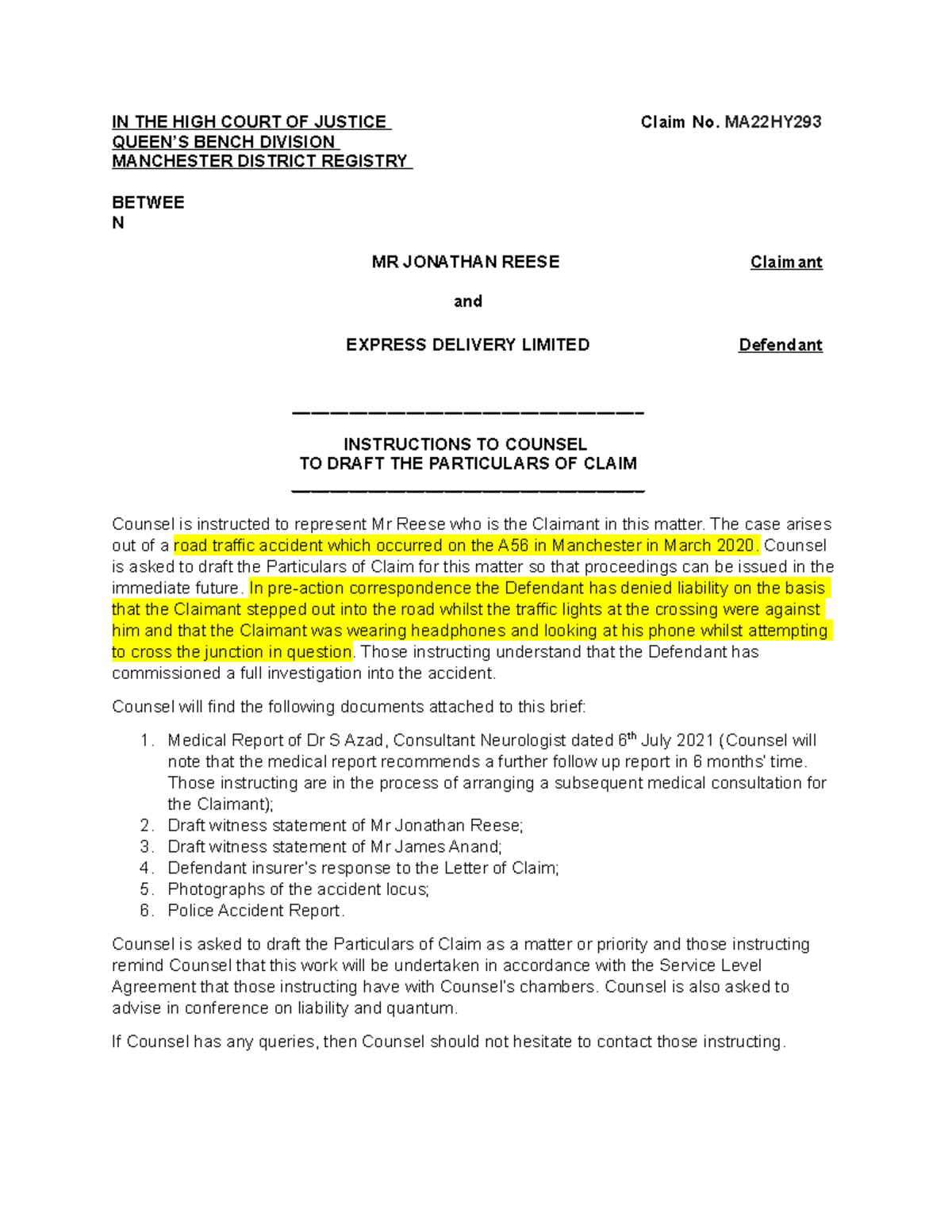 Instructions to Draft POC - IN THE HIGH COURT OF JUSTICE QUEEN’S BENCH ...