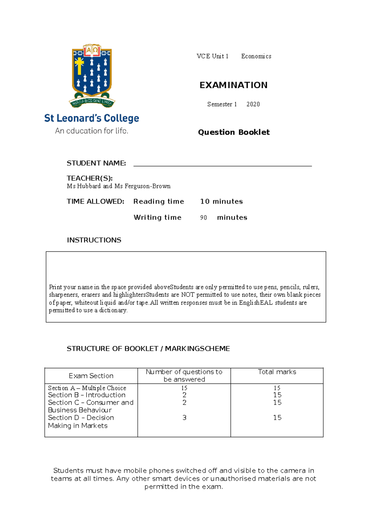 2020 stleonards unit 1 - free papers - VCE Unit 1 Economics EXAMINATION ...