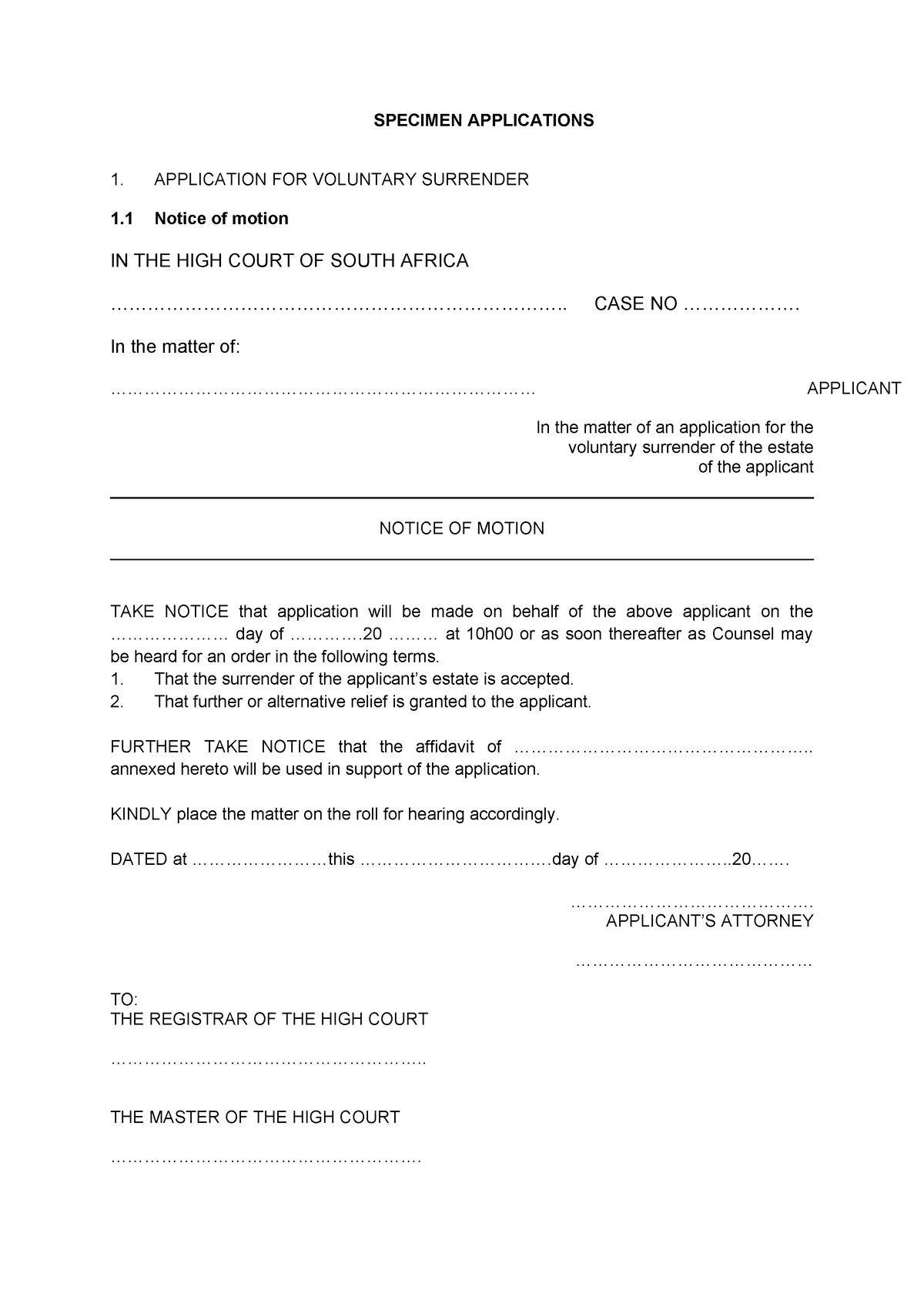 Voluntary surrender lecture founding affidavit application voluntary ...