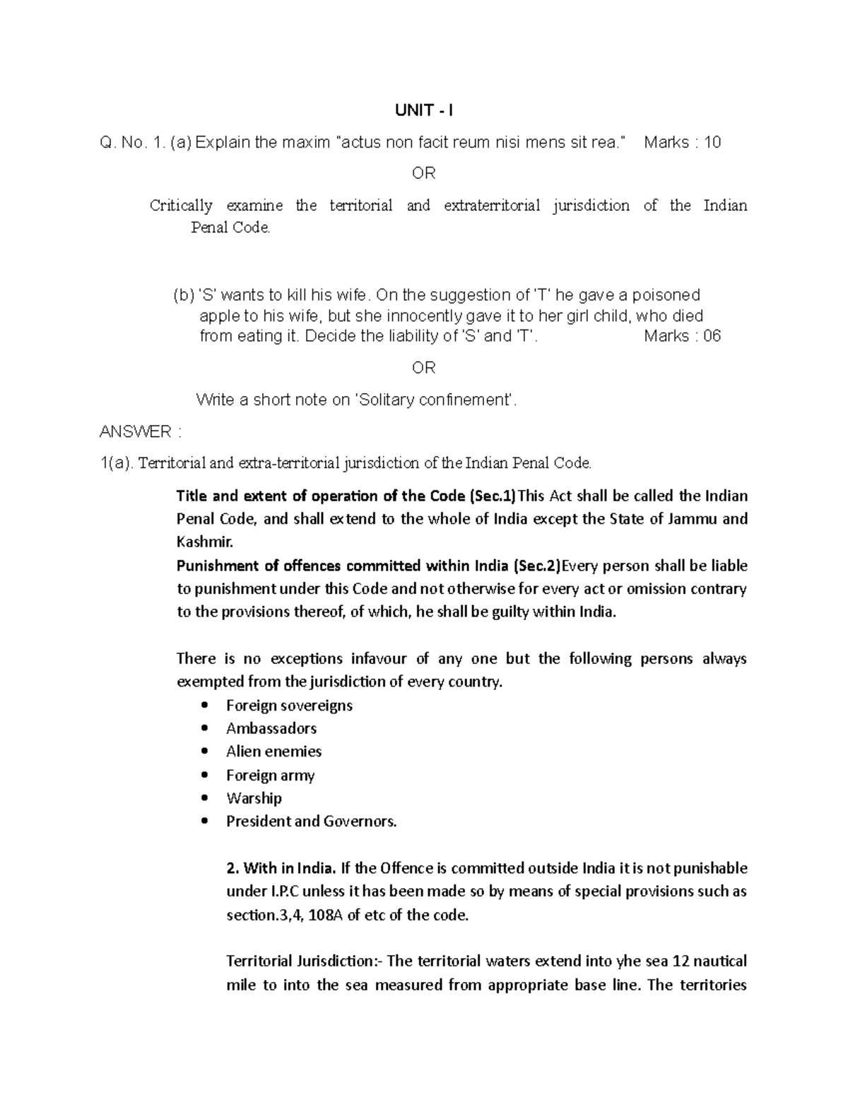 Indian penal code unit 1 question and answers - UNIT - I Q. No. 1. (a ...