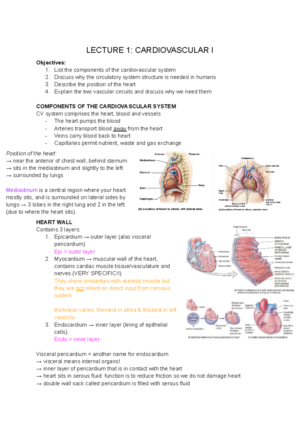 Biomedical Science Part 2 Lecture Notes - LECTURE 1: CARDIOVASCULAR I ...