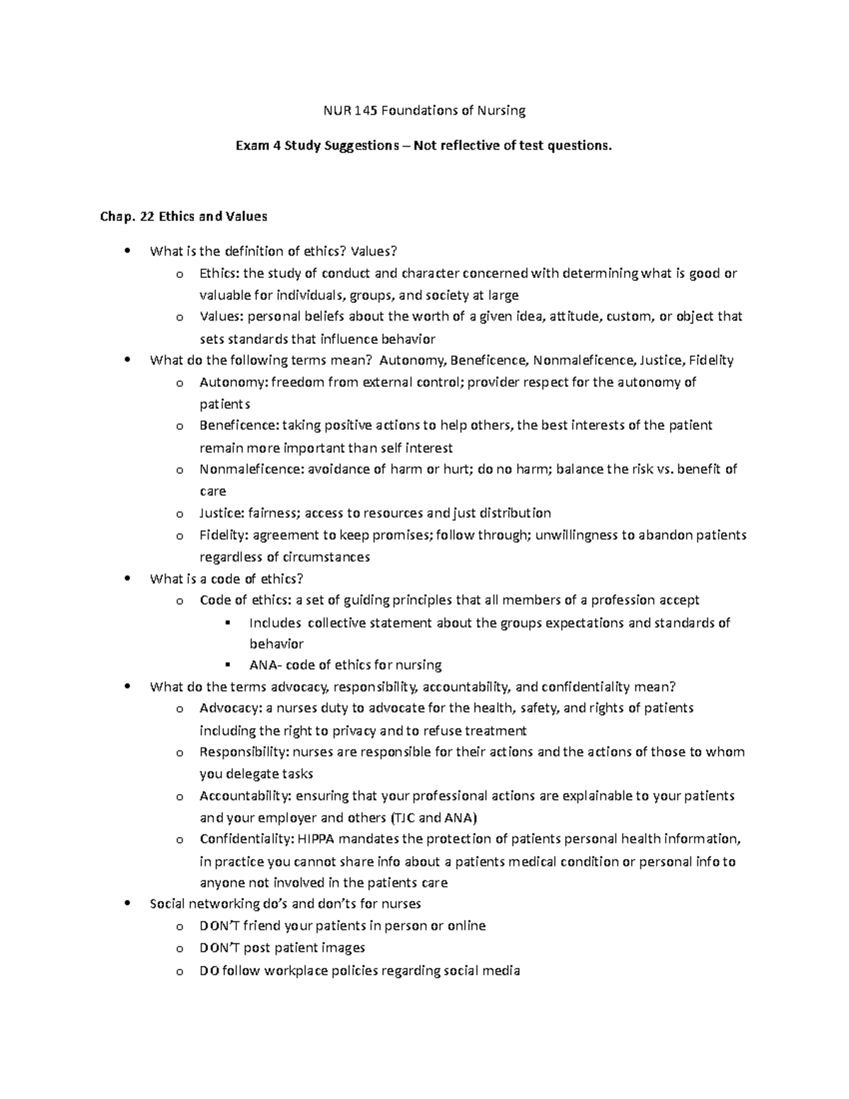 NUR 145 Study Guide Exam 4 Spring 2021 - NUR 145 Foundations of Nursing ...