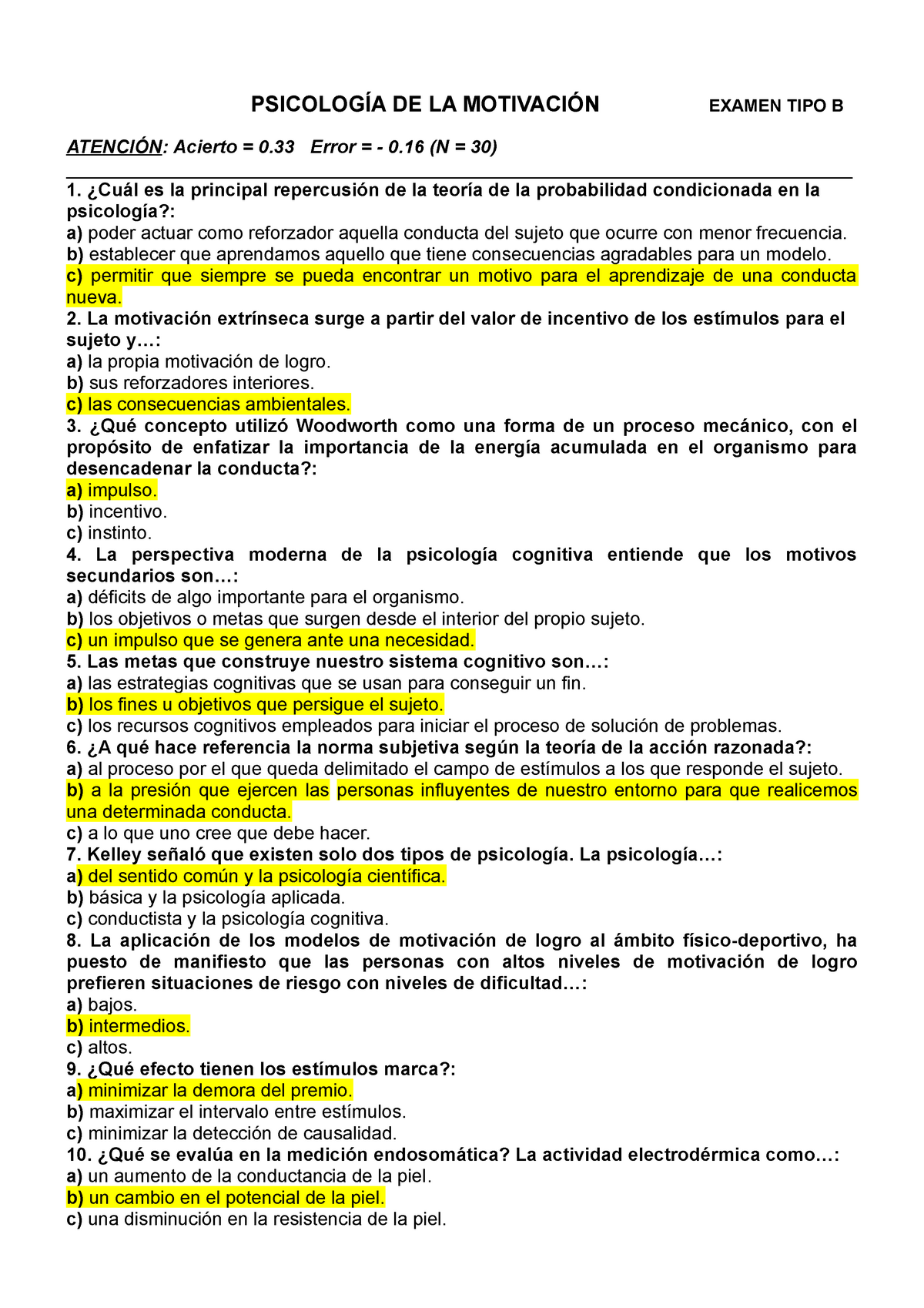 Examen Febrero 2016 preguntas y respuestas PSICOLOGÍA DE LA