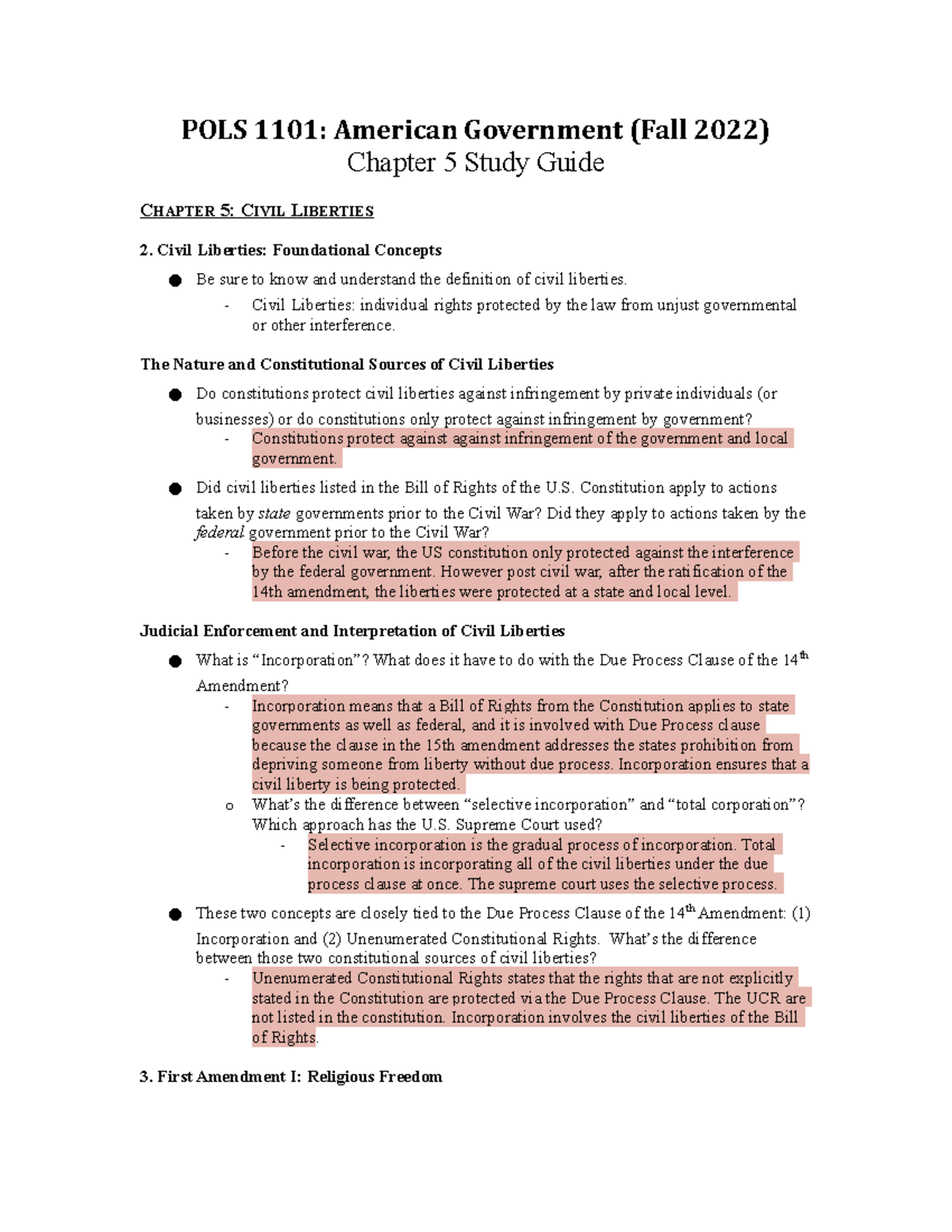 Exam 3, Ch. 5 Study Guide F22 - POLS 1101: American Government (Fall ...