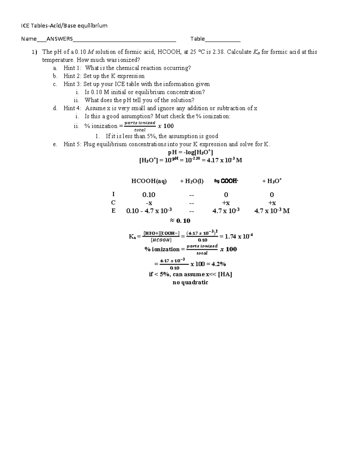 ICE Tables Answers ICE TablesAcid/Base equilibrium Name___ANSWERS