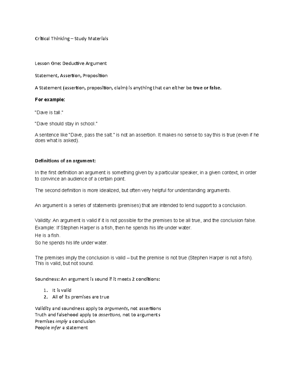 Critical Thinking - lecture notes - all lessons (received an A in the ...