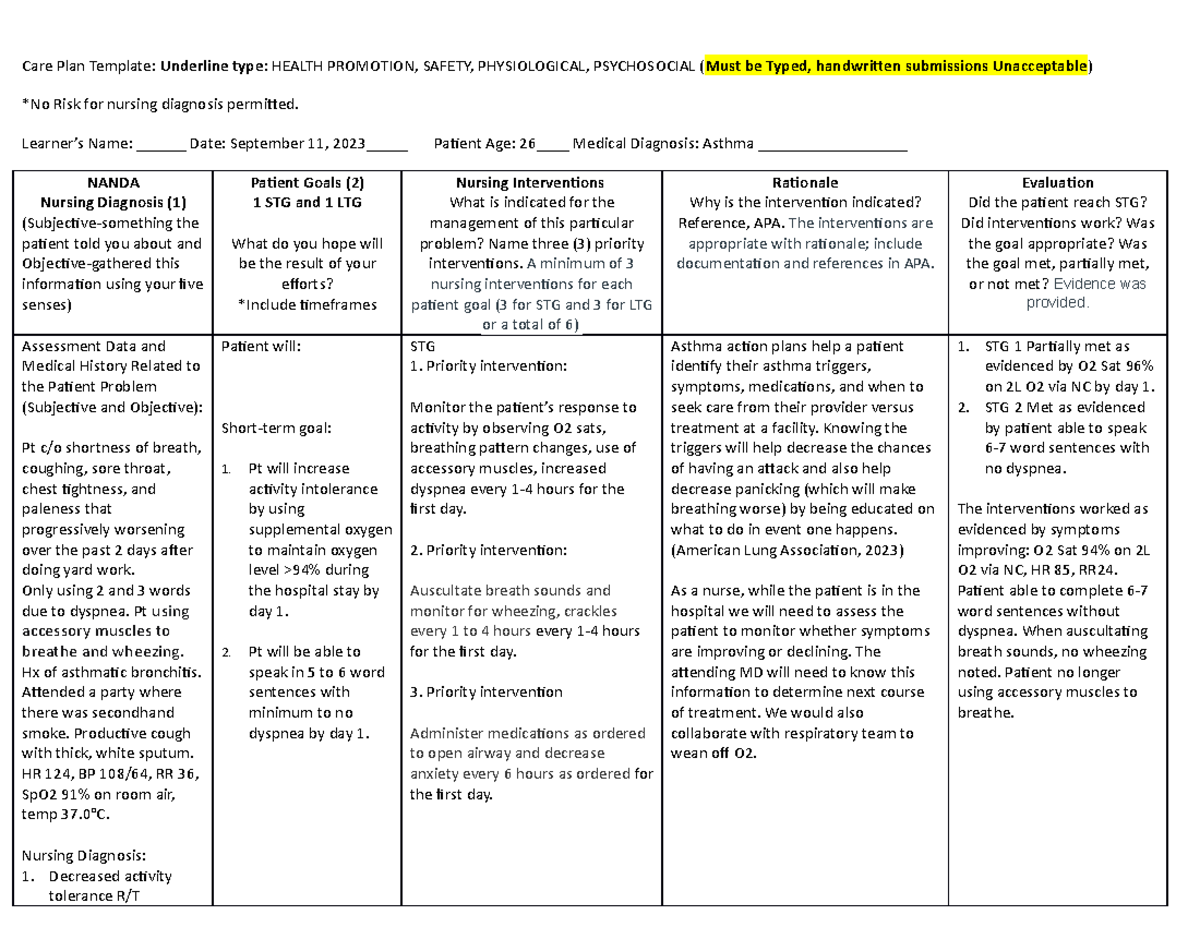 Care Plan Template 3 - Care plan sample - Care Plan Template: Underline ...