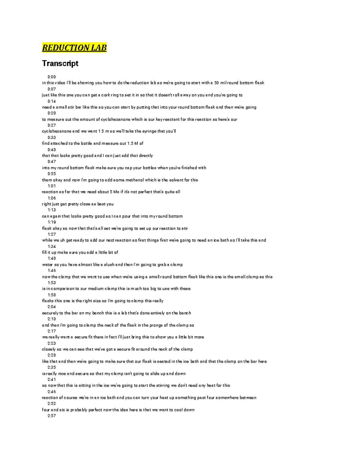 Lab vids - Transcripts of lab vids - REDUCTION LAB Transcript 0: in ...