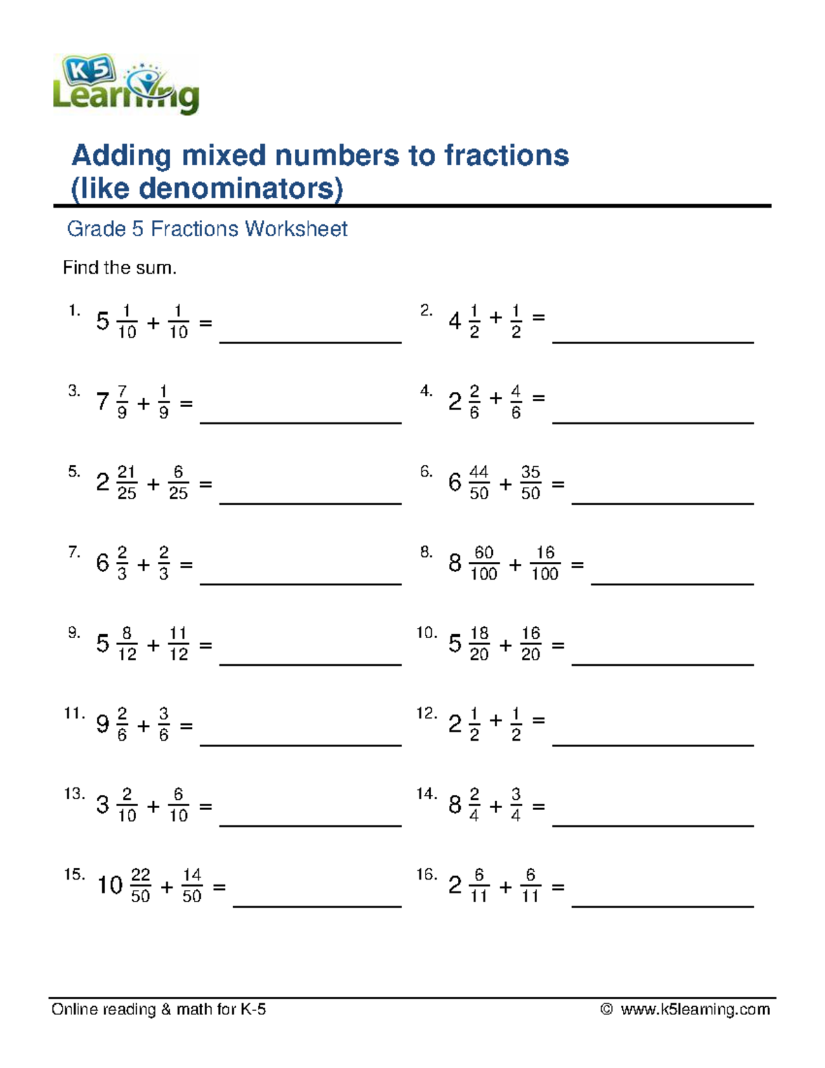 Grade 5 Fractions Worksheet - Adding mixed numbers to fractions (like ...