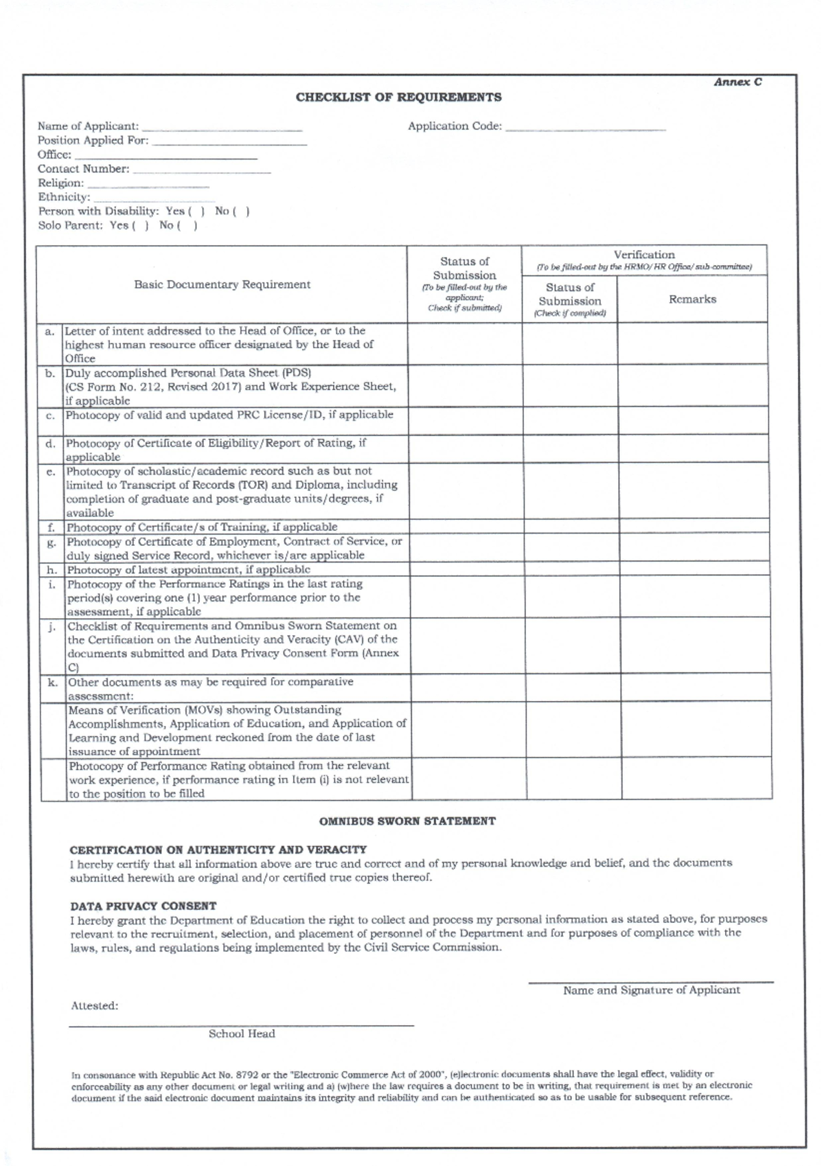 Annex C Omnibus Checklist OF Requirements T1 - Education - Studocu