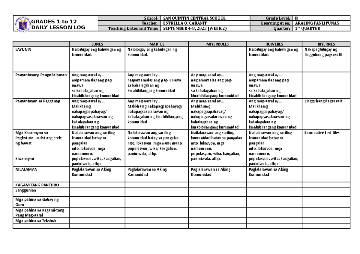 DLL Araling Panlipunan 2 Q1 W2 - GRADES 1 to 12 DAILY LESSON LOG School ...
