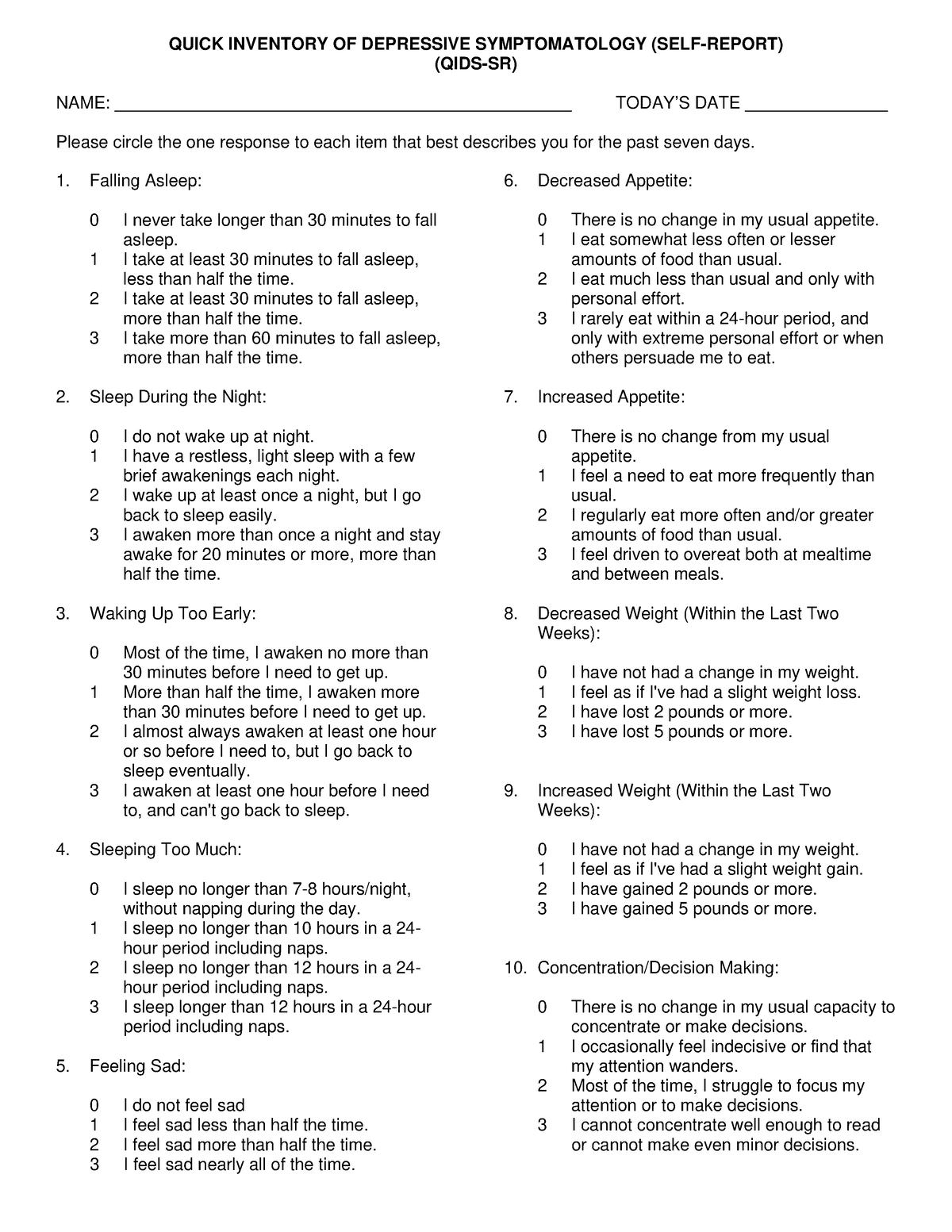 QIDS-SR - QIDS - QUICK INVENTORY OF DEPRESSIVE SYMPTOMATOLOGY (SELF ...