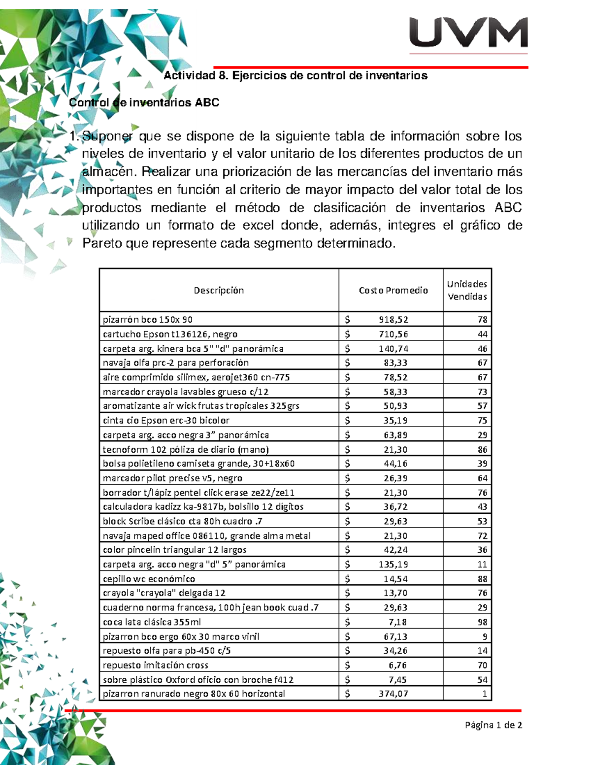 U5 Actividad 8 Ejercicios De Control De Inventarios - Página 1 De 2 ...