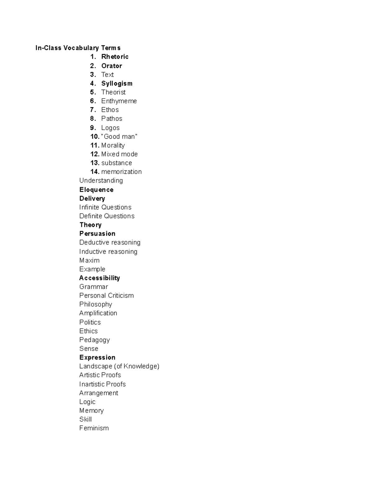 Rhetoric In-Class Vocabulary Lists - In-Class Vocabulary Terms 1 ...