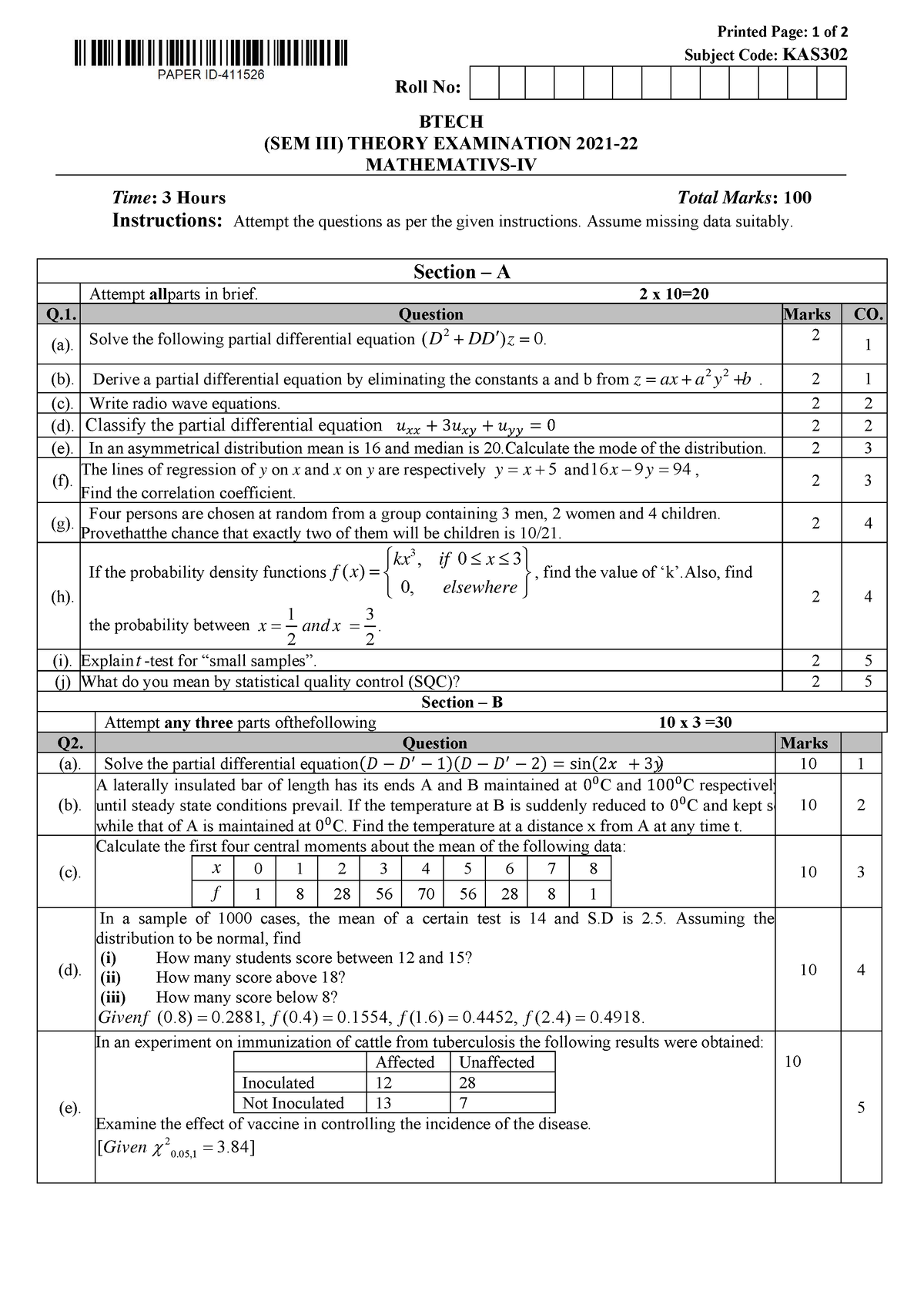 Btech As 3 Sem Mathematics 4 Kas302 2022 - Printed Page: 1 Of 2 Subject ...