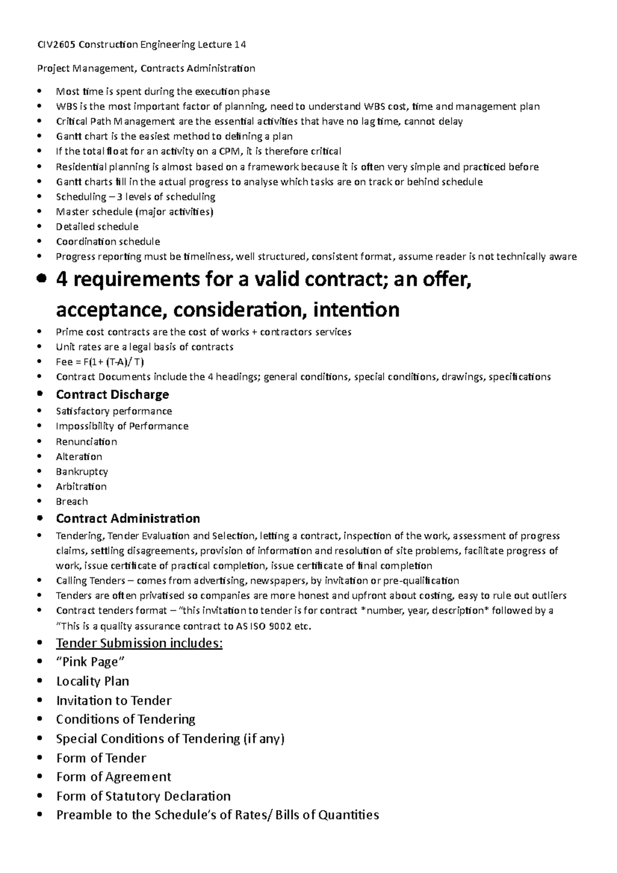 Lecture 14 Project Management, Contracts Admin - CIV2605 Construction ...