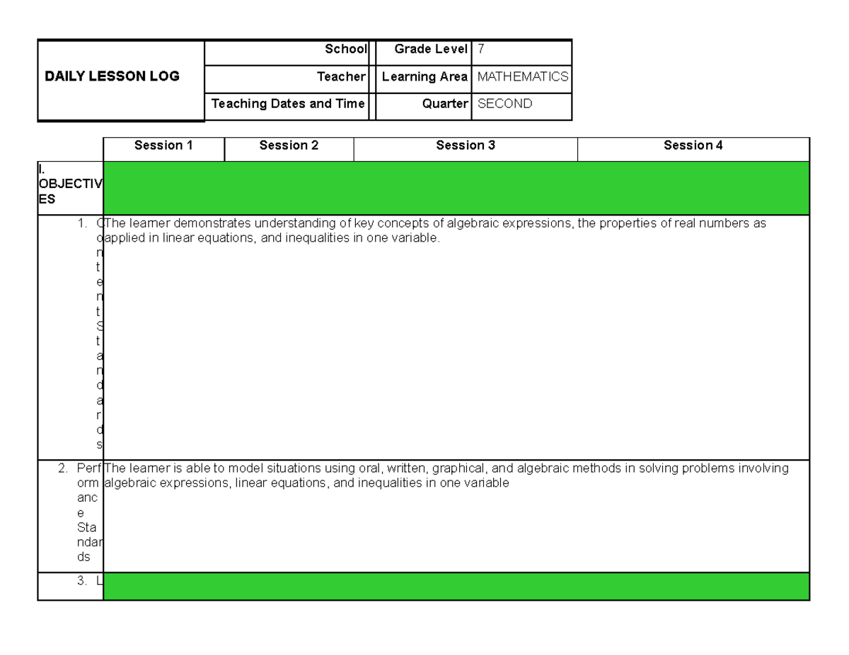 Daily Lesson LOG example - DAILY LESSON LOG School Grade Level 7 ...