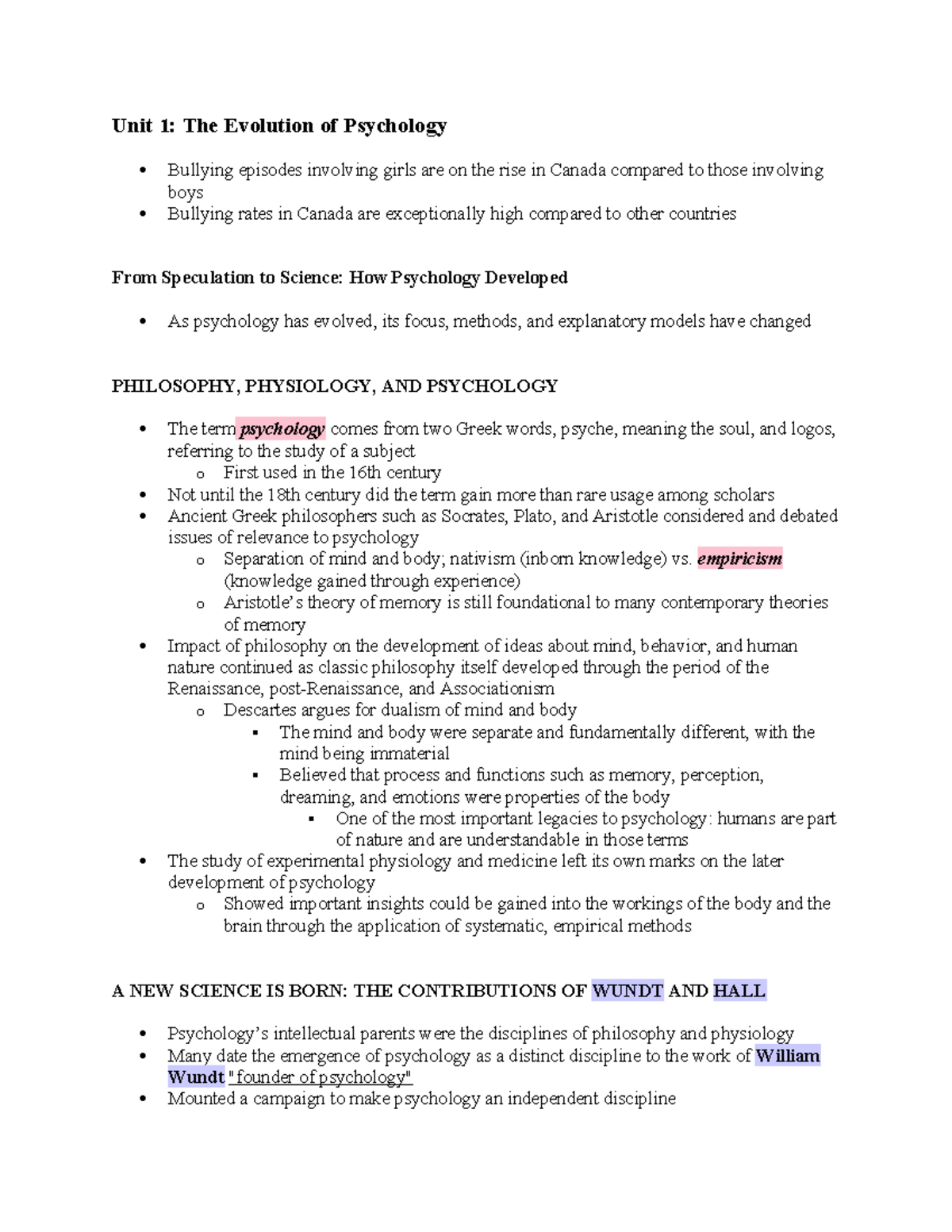 Unit1psych - unit 1 notes - Unit 1: The Evolution of Psychology ...
