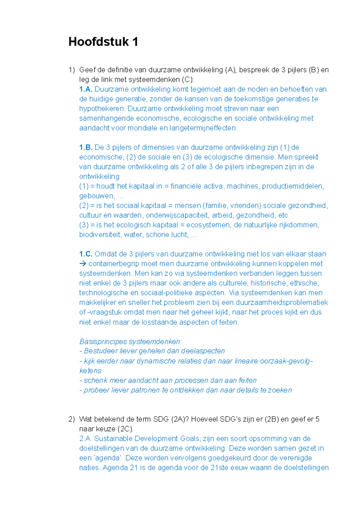 Examenvragen DO - Hoofdstuk 1 Geef De Definitie Van Duurzame Ontwikkeling (A), Bespreek De 3 ...