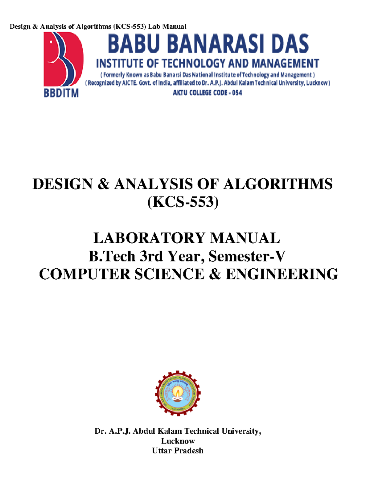 DAA LAB Manual - Huj - DESIGN & ANALYSIS OF ALGORITHMS (KCS-553 ...