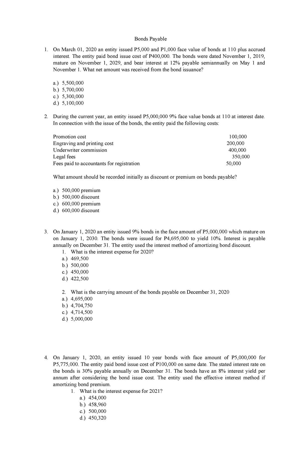 Toaz - Account - Bonds Payable On March 01, 2020 An Entity Issued P5 ...