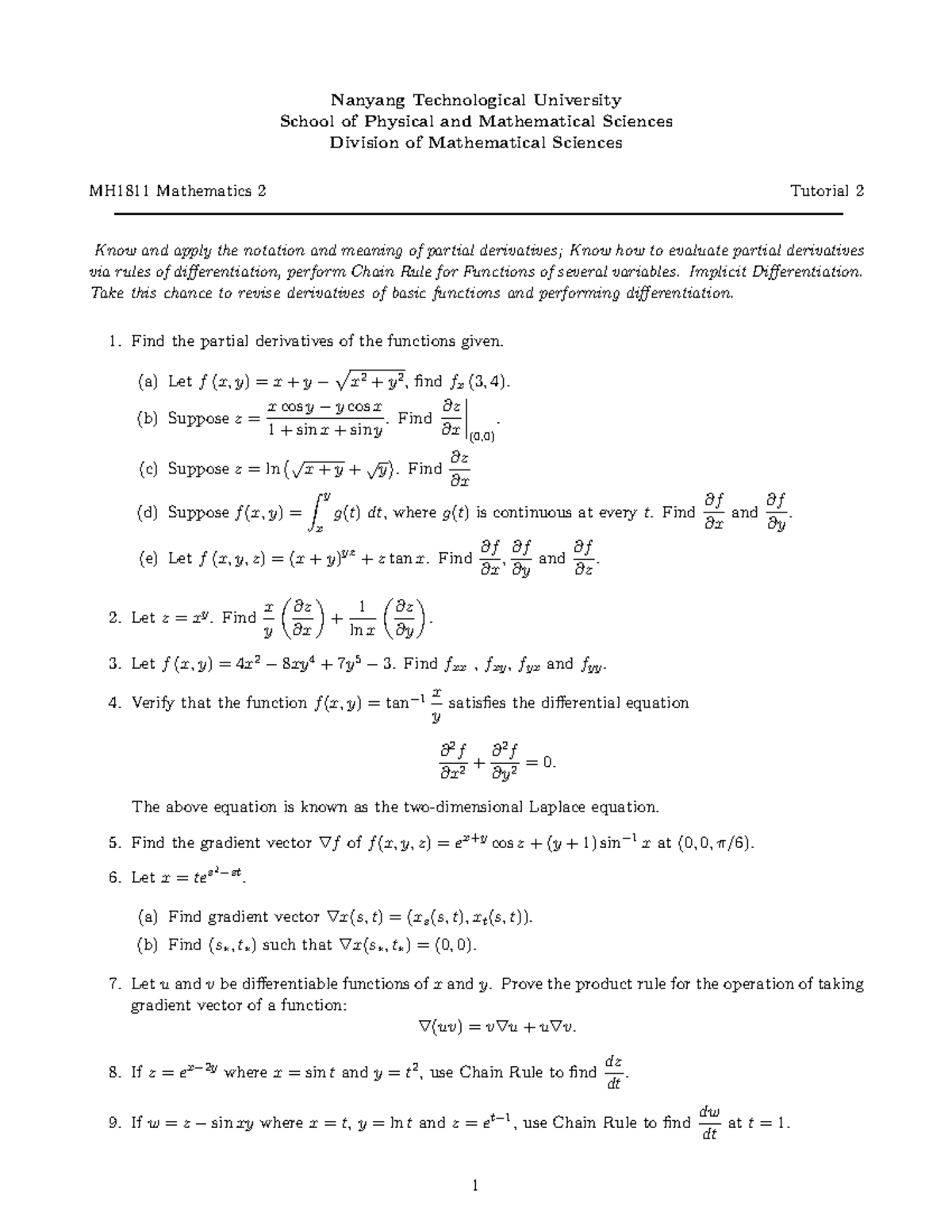 MH1811 Tutorial 2 2022 - math II - Nanyang Technological University ...