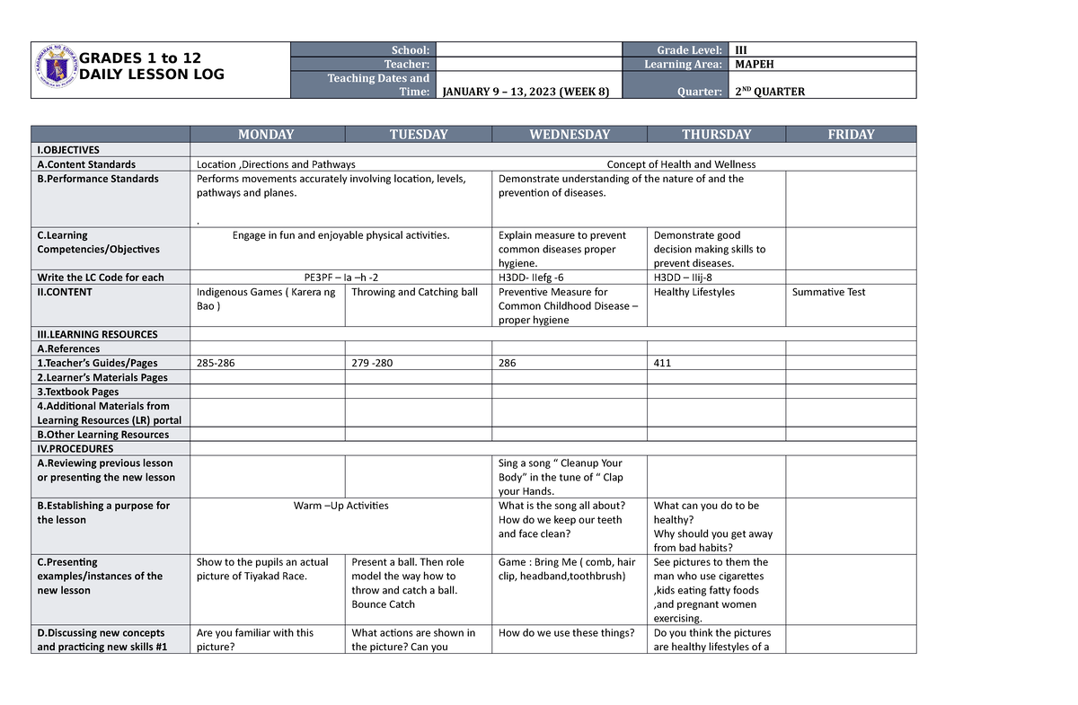 DLL Mapeh 3 Q2 W8 - for teachers in elem - GRADES 1 to 12 DAILY LESSON ...