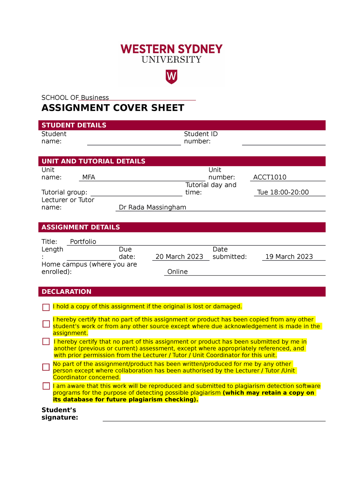 usyd business assignment cover sheet