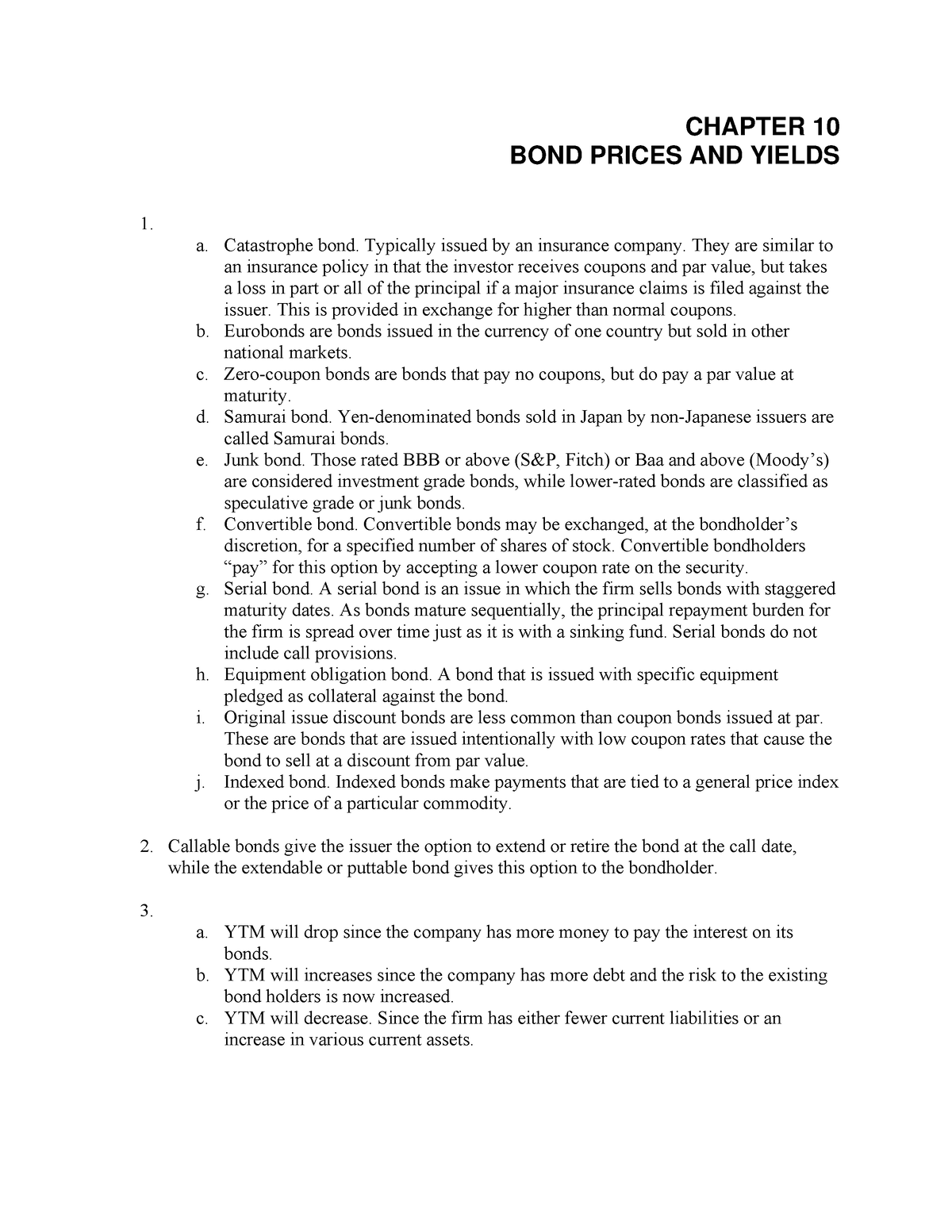 Bond Valuation - No Ans - CHAPTER 10 BOND PRICES AND YIELDS 1. A ...