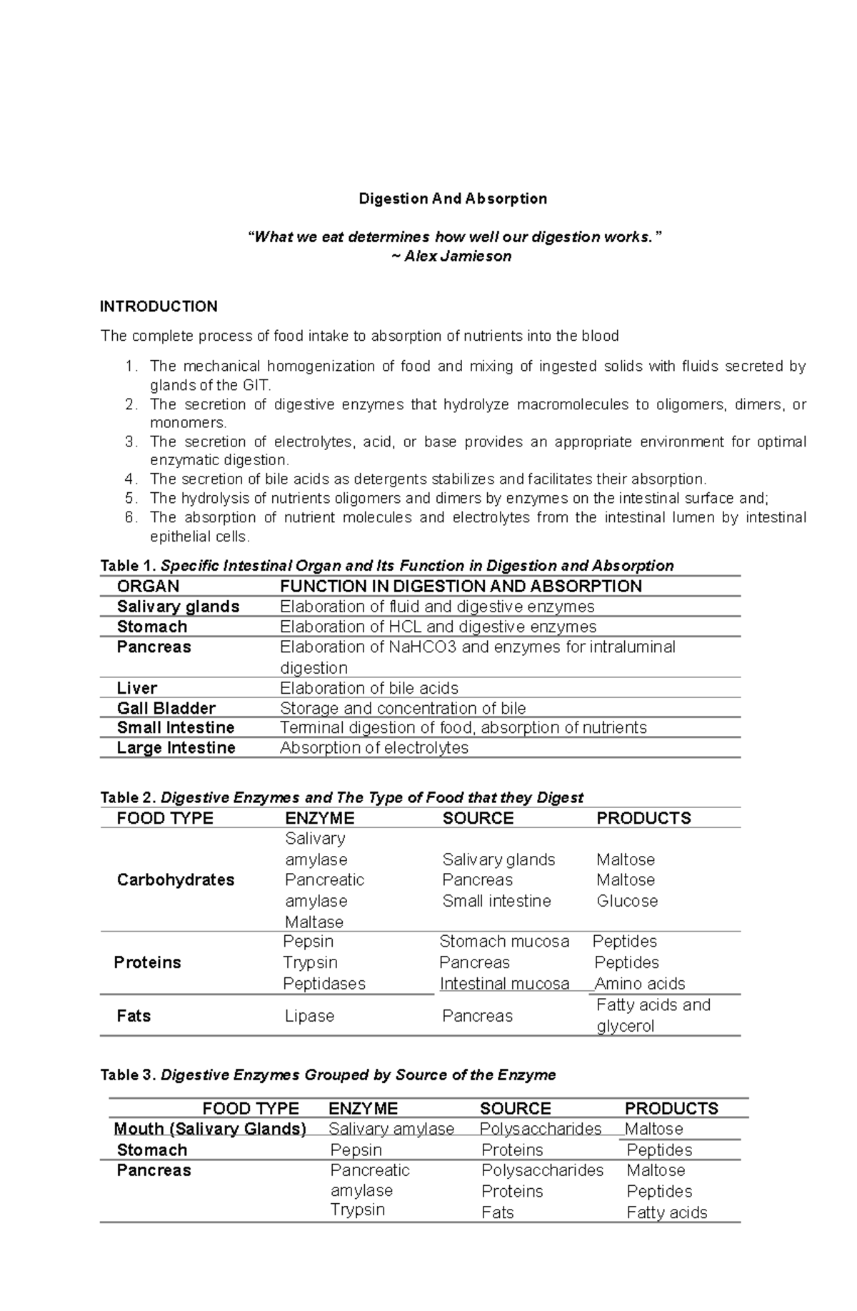 Digestion And Absorption Digestion And Absorption “What we eat