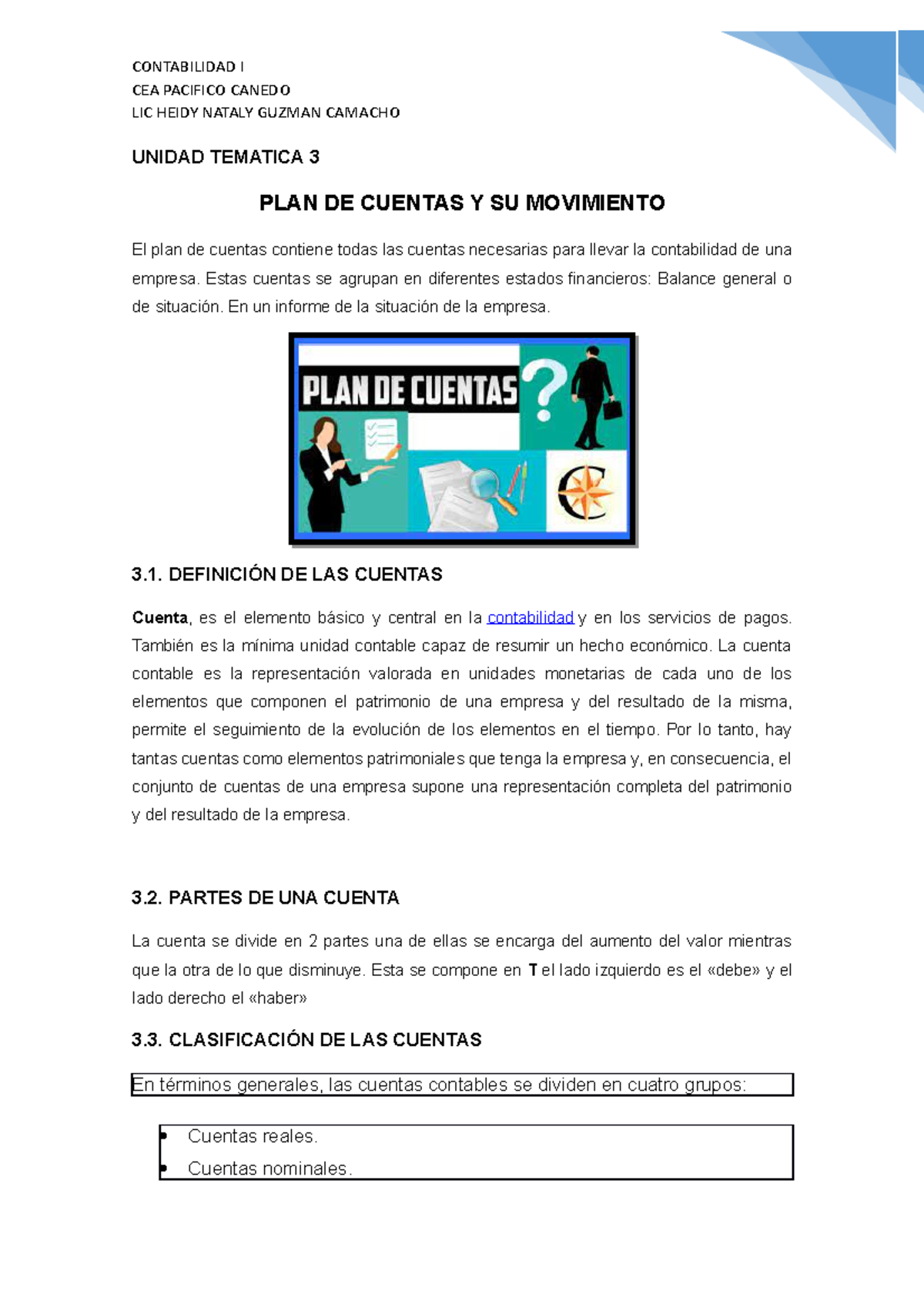 Unidad Tematica 3 PLAN DE Cuentas Y SU Movimiento - CEA PACIFICO CANEDO ...