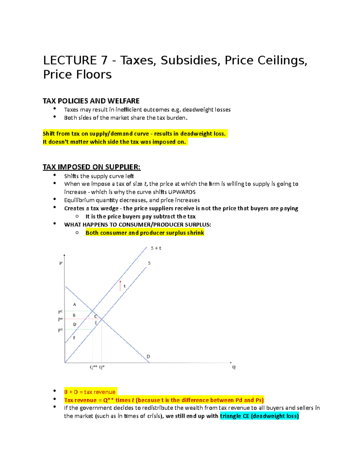 Lecture 7 - Taxes, Subsidies, Ceilings, Price Floors - LECTURE 7 ...