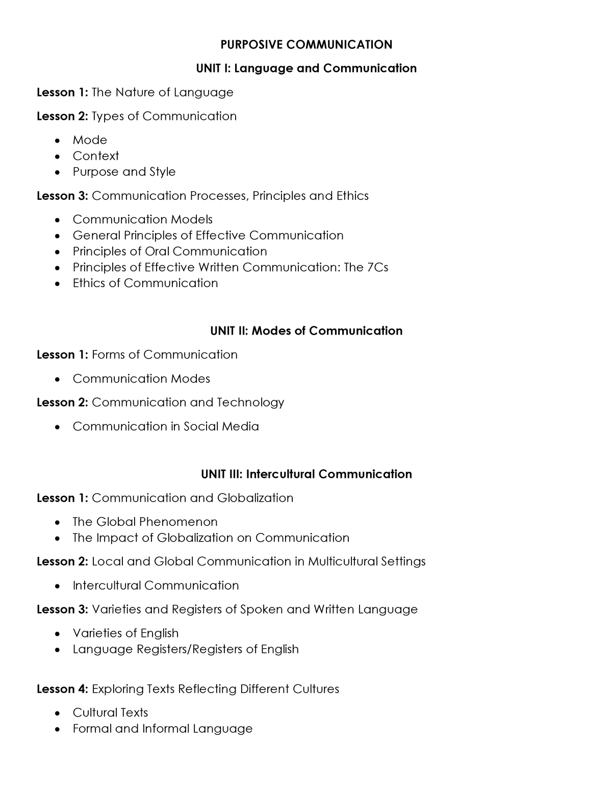 Purp Comm Outline Purposive Communication Unit I Language And Communication Lesson 1 The 