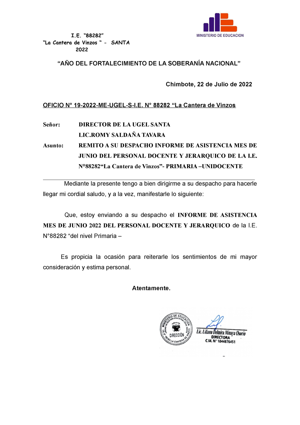 Oficio N°19 Informe DE Asistencia Junio 2022 DEL Personal Docente Y  Jerarquico  - I. - Studocu