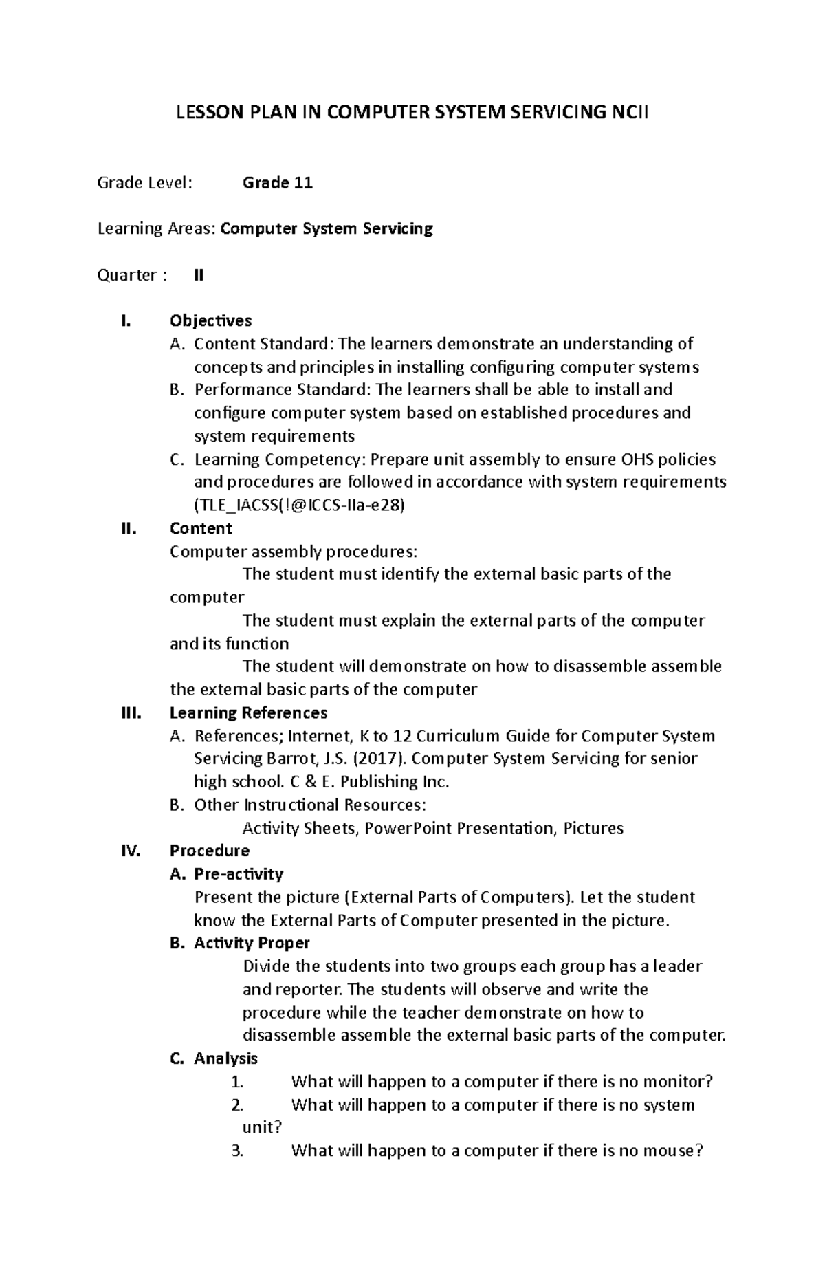 Lesson PLAN IN Computer System Servicing NCII Grade 11 LESSON PLAN IN 
