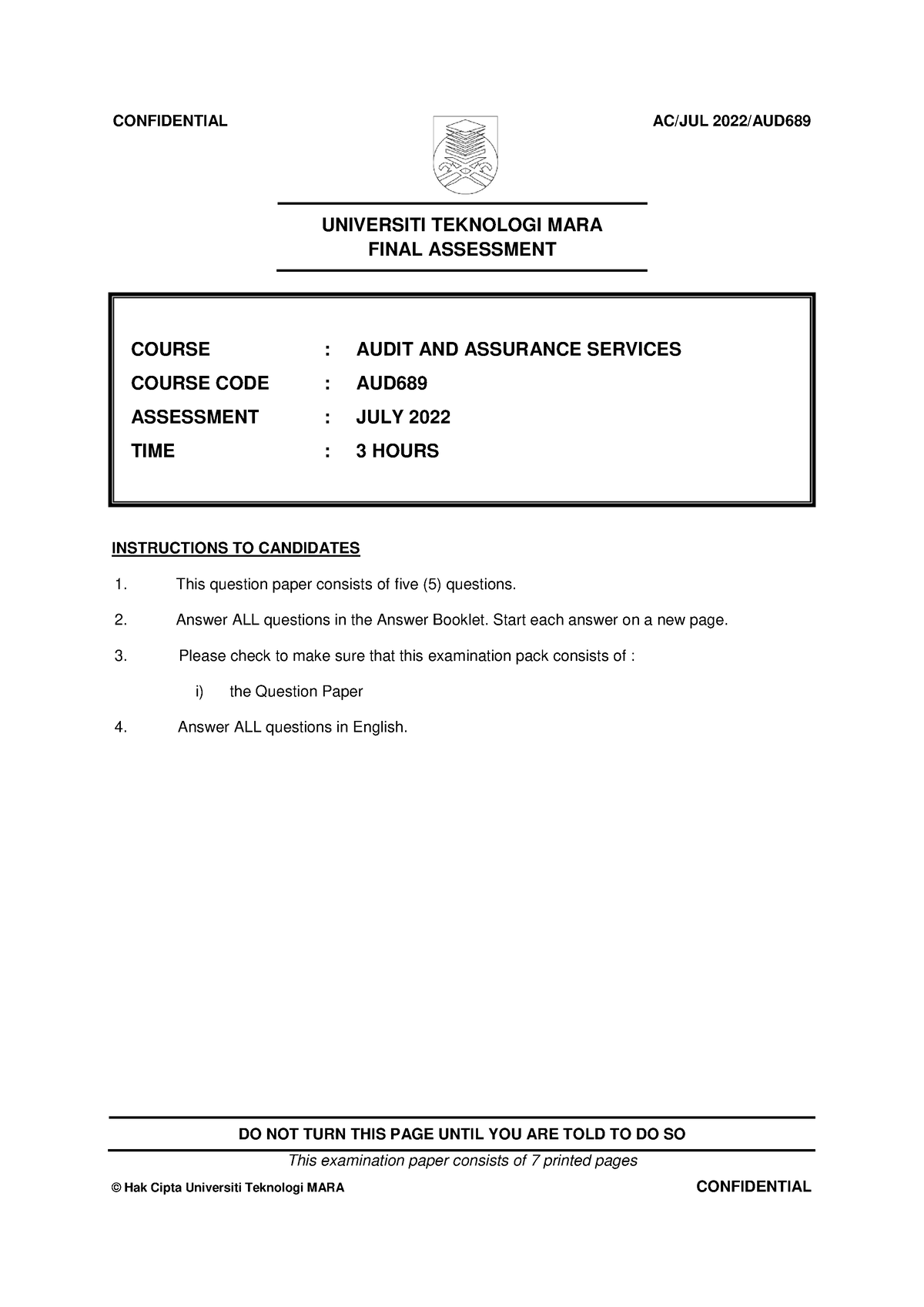 AUD689 July 2022 - PAST YEAR QUESTION - UNIVERSITI TEKNOLOGI MARA FINAL ...