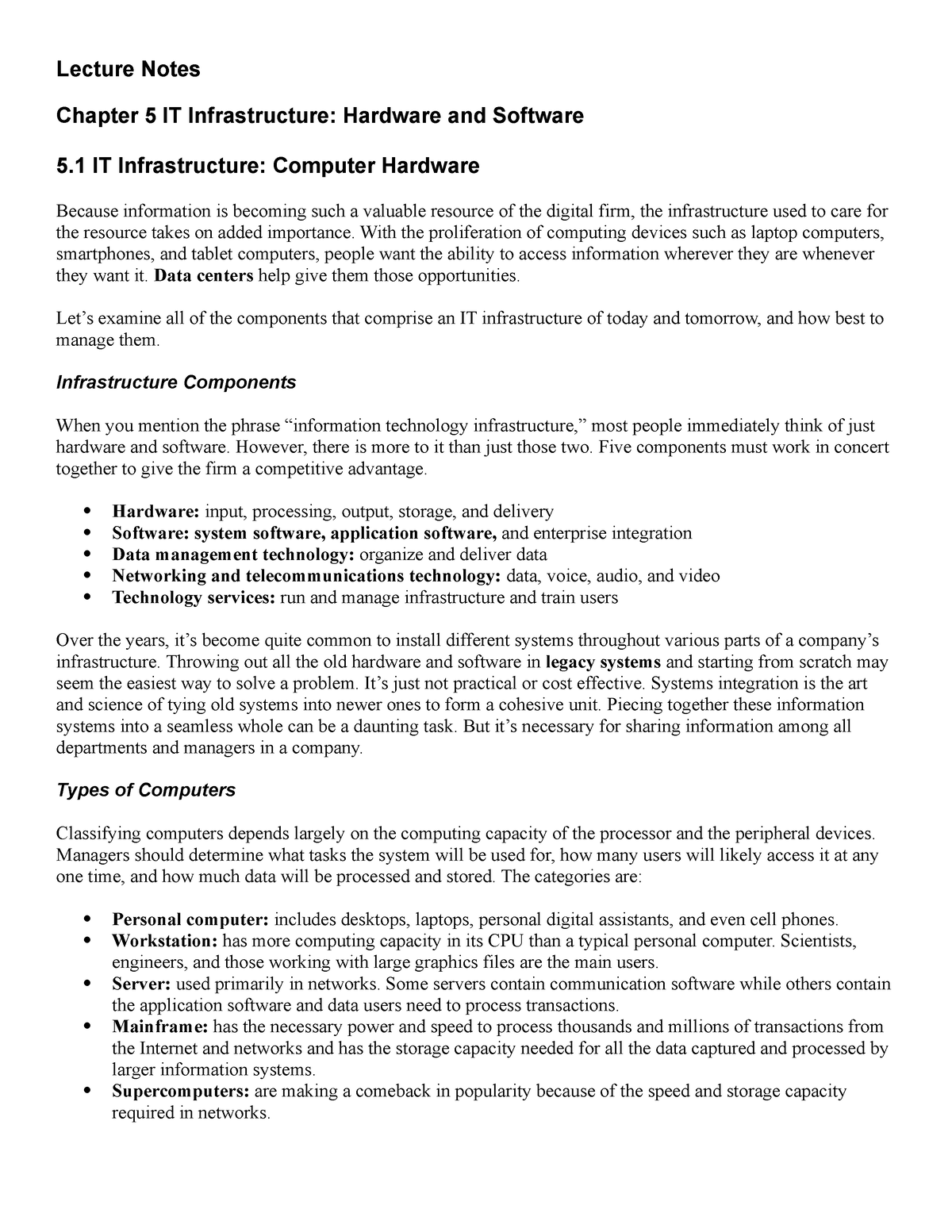 Lecture Notes - 5.1 IT Infrastructure: Computer Hardware Because ...