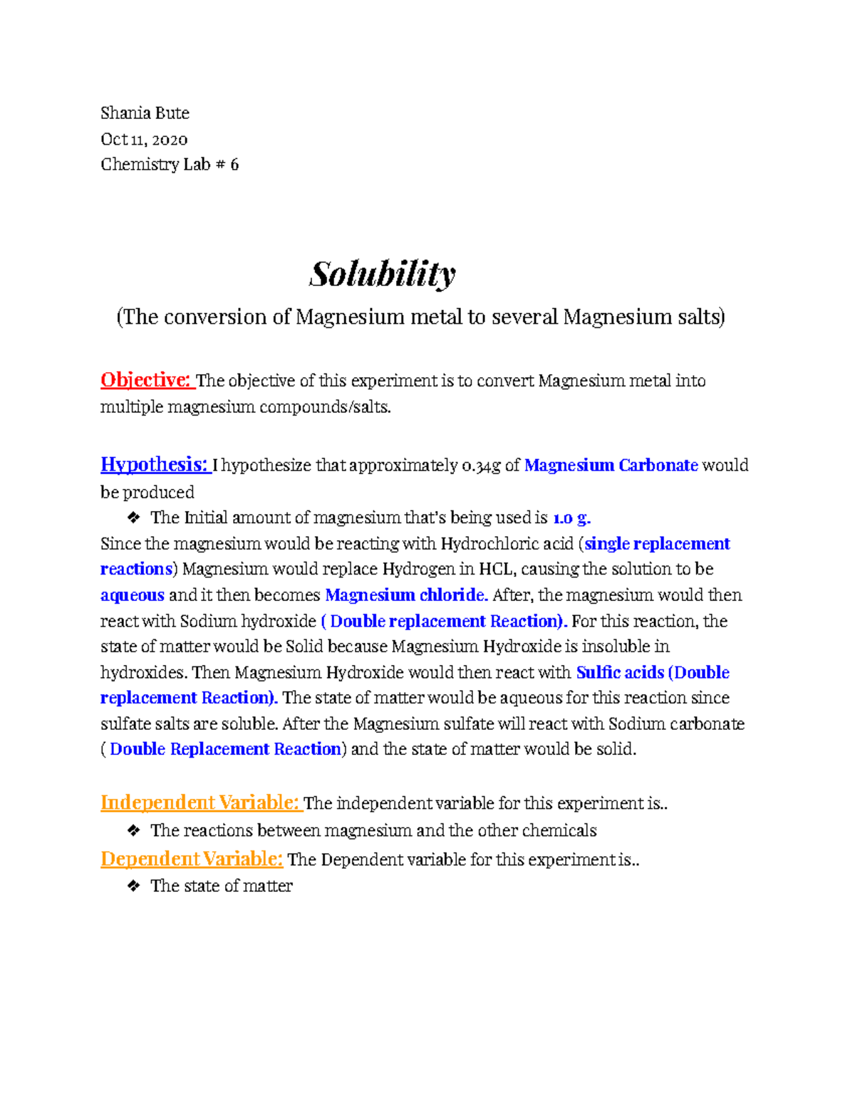 Chem Lab 6 This is a complete lab report that converts Magnesium
