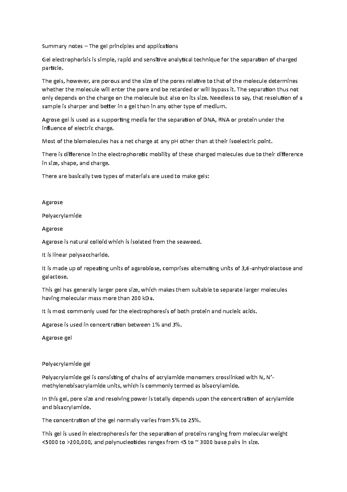 Summary notes – The gel principles and applications - Summary notes ...