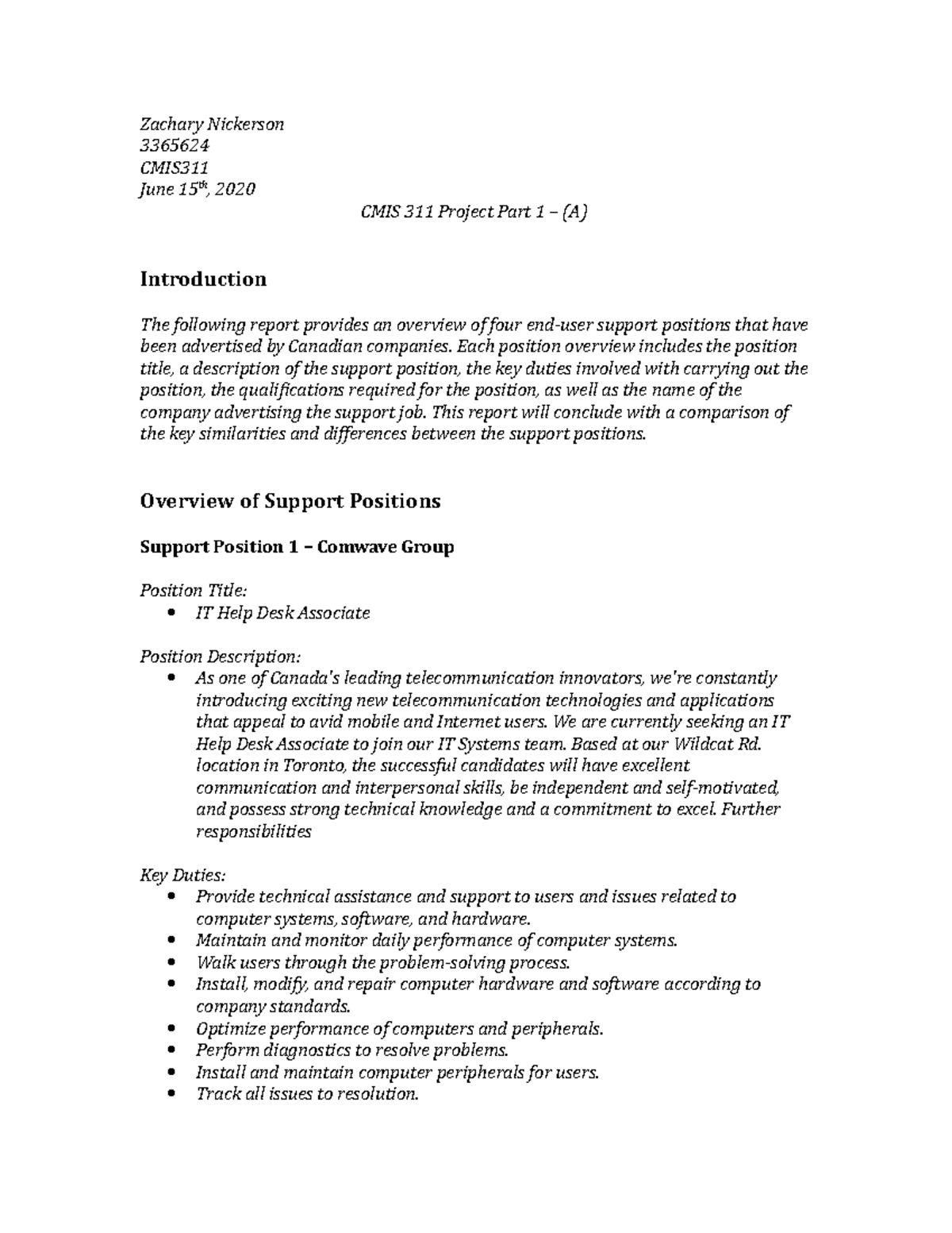 CMIS 311 Project 1 Part 1(A) - Zachary Nickerson 3365624 CMIS June 15th ...