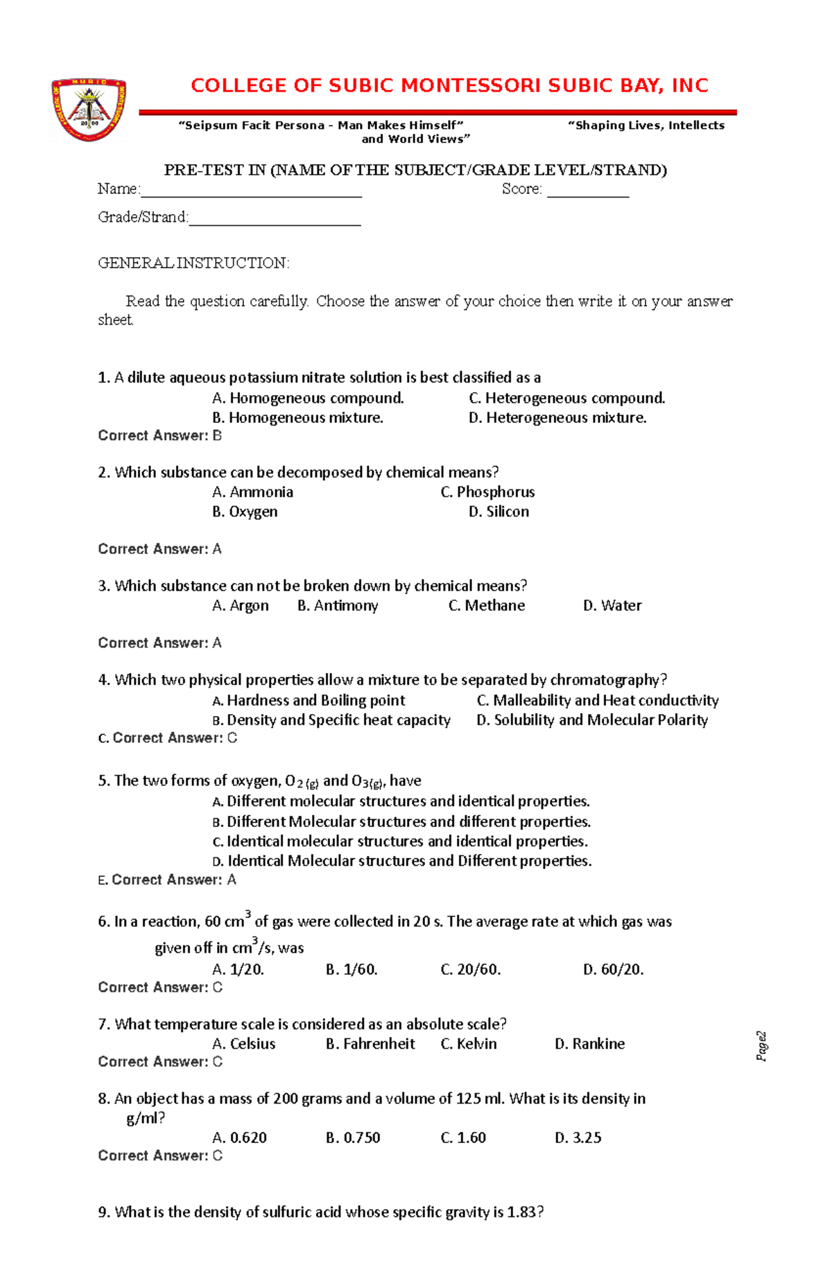 General Chemistry Pretest For Grade 12 Page2Page Seipsum Facit 