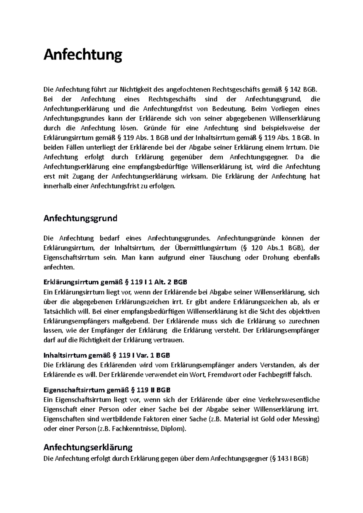 Anfechtung Wegen Irrtum Beispiele Anfechtung und Irrtum - Zusammenfassung Jura - Anfechtung Die