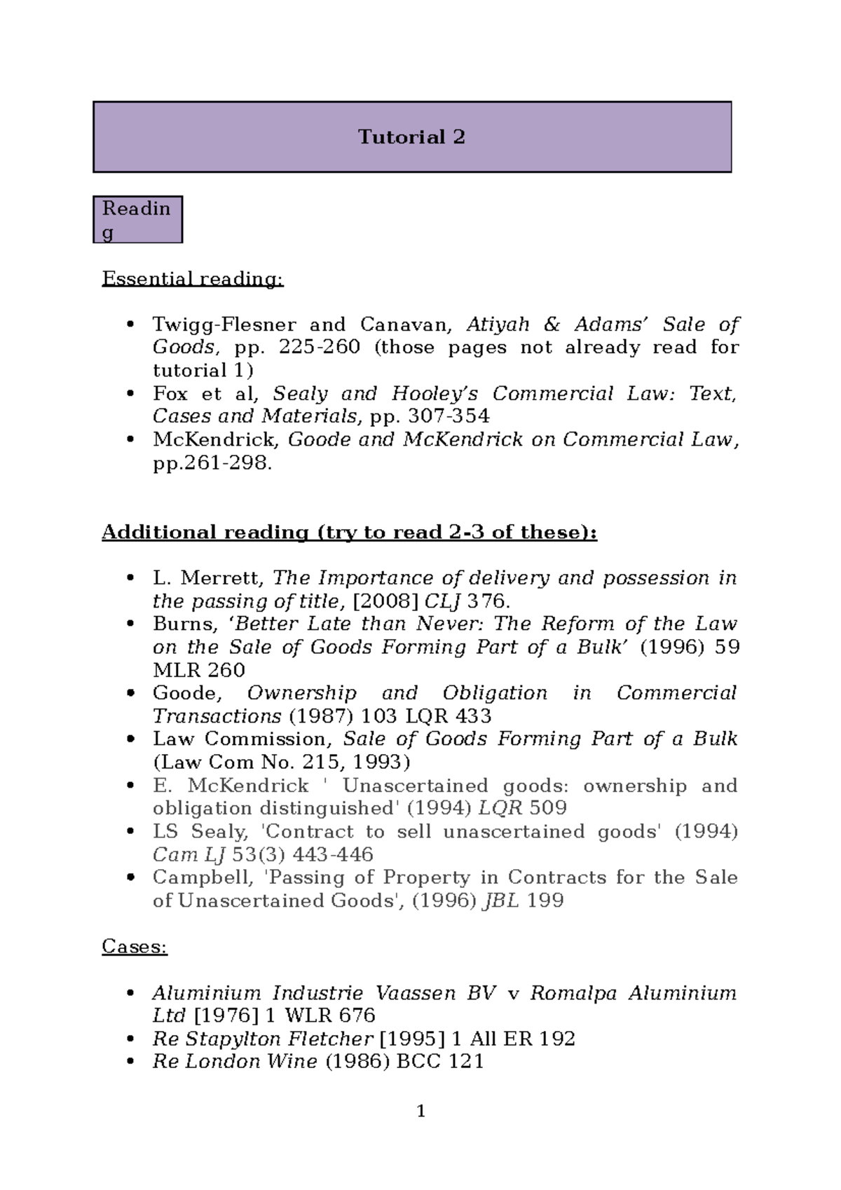 Commercial Law Tutorial 2 Handout 2022-23 - Tutorial 2 Readin G ...