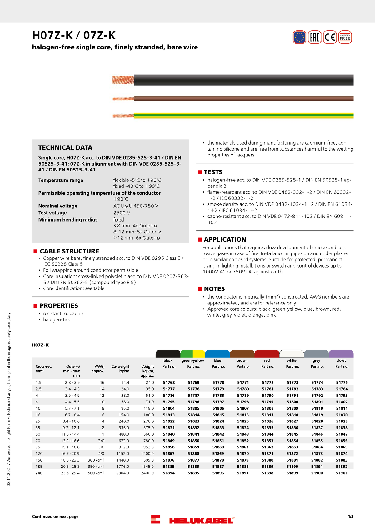 H07z-k - Fegerfe - Technical Data Single Core, H07z-k Acc. To Din Vde 