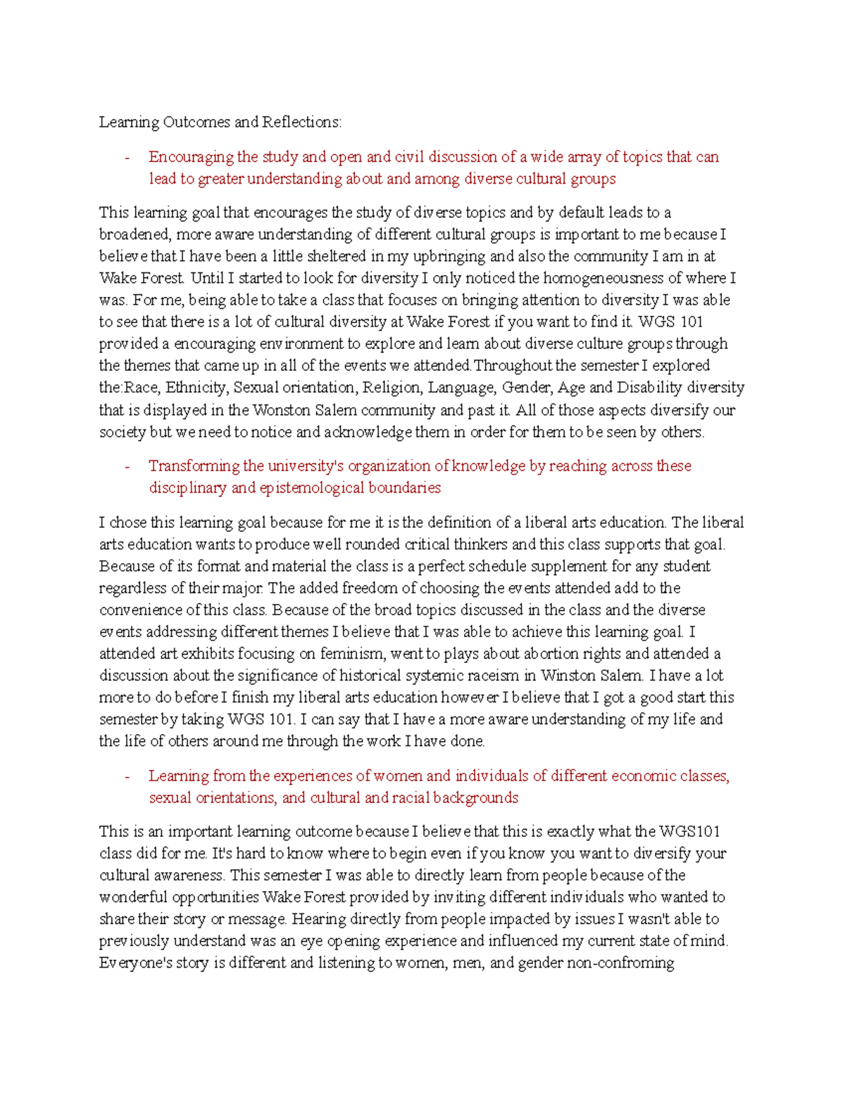 WGS 101 Learning Outcomes - Learning Outcomes and Reflections ...